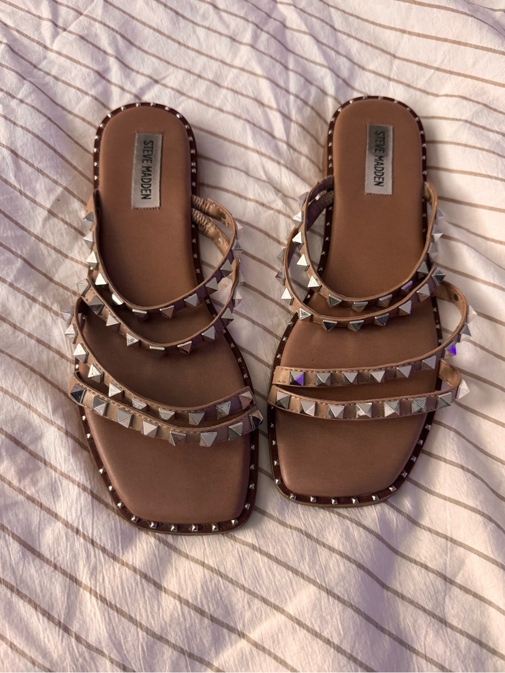Steve Madden Brown Studded Strappy Slide Sandals with Silver Studs